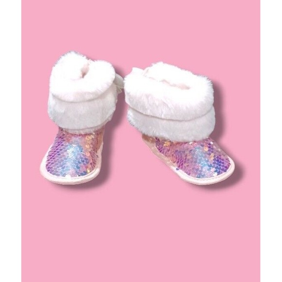 First Steps Sequin Toddler Size 4 Baby Girl Fluffy Faux Fur Shiny Slipper Boots - Picture 8 of 16